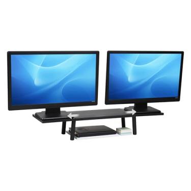Imagem de Mind Reader Suporte extensível para monitor, suporte de mesa ajustável para monitores duplos, impressoras, laptops, TV, 70 a 101 cm de largura, capacidade de 39,9 kg, metal e madeira MDF, preto