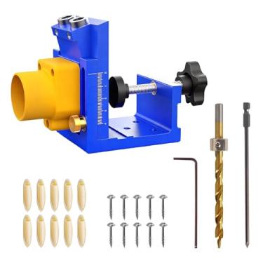 Imagem de Kit de gabarito de orifício de bolso com adaptador de vácuo removível, sistema profissional de gabarito de bolso de alumínio, posicionador de perfuração inclinado para marcenaria oblíqua (azul)