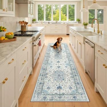 Imagem de RELEANY Tapetes Laváveis Antiderrapantes De 2' X 8', Com Estampa Floral Vintage, Medalhão, Para Sala Estar, Quarto E Jantar, Azul Marinho, Bege Cinza