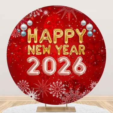 Imagem de DORCEV 1,5 x 1,5 m Feliz Ano Novo 2026 capa de fundo redondo vermelho ano novo arco círculo pano de fundo flocos de neve bolas de Natal Feliz Natal pano de fundo torcida para festa de ano novo