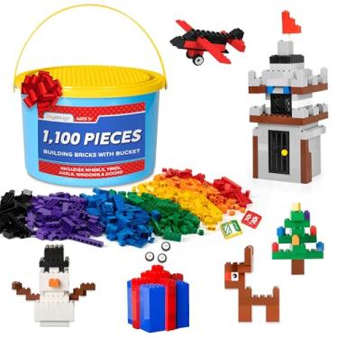 Imagem de Play Platoon 1100 Piece Bucket of Building Bricks Set, Assorted Bulk Tub of Bricks Mix includes Wheels, Tires, Axles, Windows & Door Pieces - Alternative Compatible Sets Classic