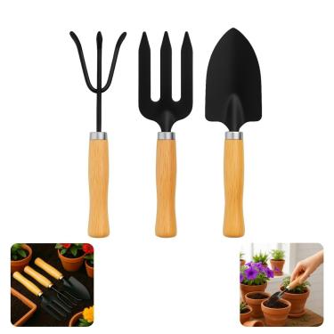 Imagem de Kit Ferramenta Jardinagem 3 Peças Pá Garfo Rastelo Madeira Metal Jardim Vaso Horta Flores Plantio Cultivo Doméstico Resistente Ergonômico Fácil Limpeza Leve Prático Durável Multiuso Manutenção Verde