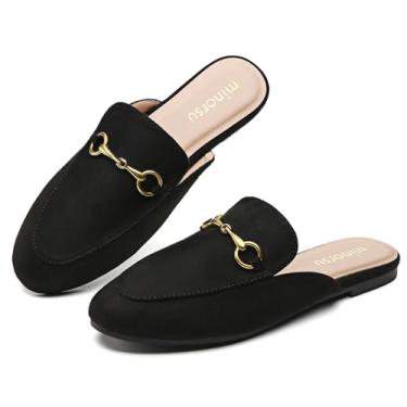 Imagem de Minorsu Mules femininos pretos com fivela com estampa animal – Palmilha de espuma viscoelástica – Salto baixo – Sapatos casuais, Camurça preta, 41
