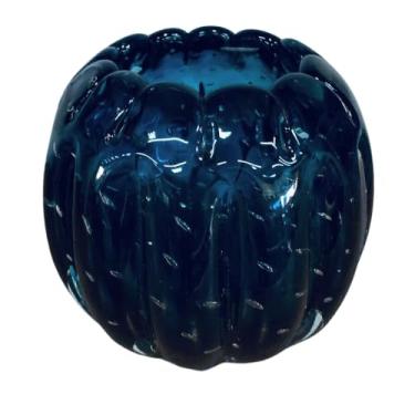 Imagem de Vaso Murano Bola Azul Cobalto 13,5cm | Potiche de Vidro Bolhas Canelado | Decoração para Salas de Estar, Banheiros, Escritórios, Mesa De Centro e Hall de Entrada