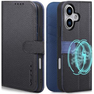 Imagem de VISOUL Capa carteira para iPhone 17 com 3 compartimentos para cartões, capa protetora de couro real com bloqueio de RFID, com fecho magnético, projetada para iPhone 17 (6,3 polegadas) - (preto + azul)