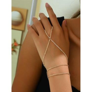 Imagem de Pulseiras femininas banhadas a ouro 14 k com anel de dedo ajustável e corrente de elos ajustáveis para mulheres modernas, One Size, Liga de aço, Sem Pedra Preciosa