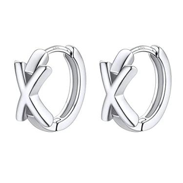 Imagem de Brincos femininos com letras de platina, brincos de prata esterlina, pequenos aros de pressão, One Size, Aço inoxidável, Sem pedra preciosa