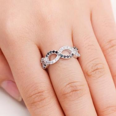 Imagem de Anel Infinito Torcido Cor Prata - Aliança Feminina Infinito Torcido Casamento Aniversário - Aliança Eternidade de Zircônia Cúbica Branca e Preta Empilhável para Mulheres, 6, Latão Zircônia cúbica, Sem