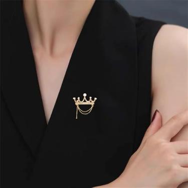 Imagem de Broche de pérola de coroa para mulheres moderno coroa rainha alfinetes de lapela pendurados correntes de borla broches xale cachecol fivela suéter cardigã acessórios crachá casamento broche de noiva