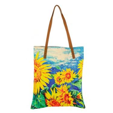 Imagem de COTT N CURLS Bolsa feminina Gogh Girassóis – Bolsas de flores de 66 x 38 cm para mulheres, lona e couro com estampa floral em aquarela, bolsa casual de verão, bolsas de verão, presentes fofos para mãe