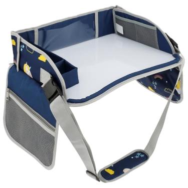 Imagem de Bandeja de assento de carro para crianças, 44 x 34 x 11 cm, mesa de colo, dobrável, divisória removível, bolso de PVC transparente, presentes essenciais para viagem de carro, avião (azul)