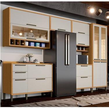 Imagem de Cozinha Modulada Completa 6 Peças 12 Portas E Vidro Reflecta 354cm 100% Mdf Vicenza Espresso Móveis Amêndoa-off White