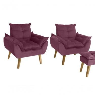 Imagem de Kit 02 Poltrona Decorativa Confortável Com Puff Glamour Opala Com Pés Quadrado Vinho