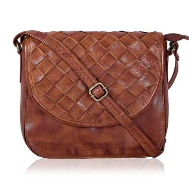 Imagem de Bolsa tiracolo feminina de couro genuíno com alça ajustável, bolso para celular e zíper externo e interno, Tecelagem marrom grande, Medium, Sophia