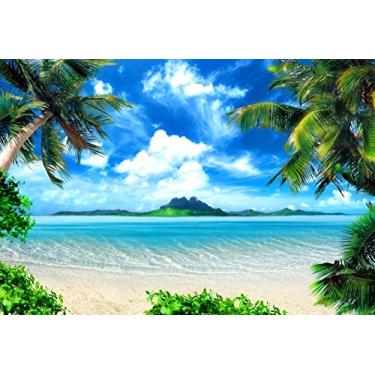 Imagem de ZJRBJB 3 x 2,4 m decoração de praia tropical pano de fundo oceano havaiano verão palmeiras folhas céu azul Havaí festa luau litorânea ilha casamento aniversário festa banner cabine de fotos