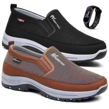 Imagem de Kit 2 Pares De Tenis Sapatilha Mocasssin Masculino Ortopédico Adventure Trilha Com Solado Impermeável Leve + Relogio Led (Preto/Marrom, BR, Adulto, Numérico, 39)
