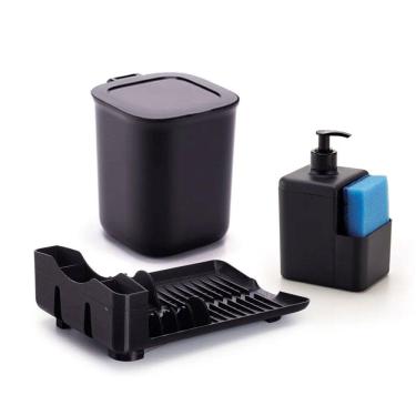 Imagem de Kit Pia Escorredor 4 Pratos Dispenser Lixeira 2,5L Cor Preto