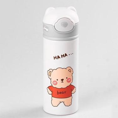Imagem de Garrafa Térmica Ursinho Branca Infantil 420Ml Aço Inoxidável