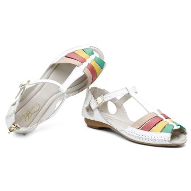 Imagem de Sandalia Rasteira Conforto Feminina Couro Tiras Coloridas Salto Baixo Fechamento Ziper e Fivela