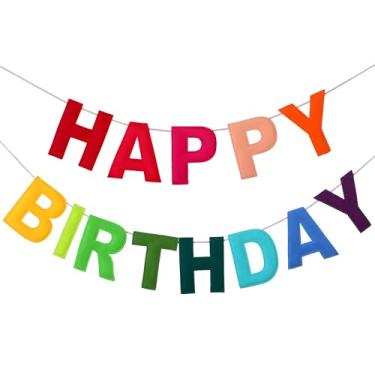 Imagem de Mindsoft Guirlanda de feliz aniversário de feltro faixa arco-íris reutilizável sinal de feliz aniversário fonte de festa para decoração de festa (cor arco-íris, normal)
