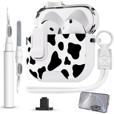 Imagem de Meiyasy Capa protetora bloqueável para AirPods 4 gerações, capa rígida estilo feminino com kit de limpeza e alça de mão para Apple AirPods 4 (vaca branca)