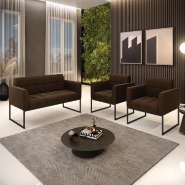 Imagem de Kit 1 Sofá Namoradeira e 2 Poltronas Elisa Suede Marrom Base Metálica 