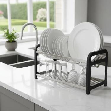 Imagem de Escorredor de Louça 20 Pratos Preto em aço Inox com Porta Talher Cozin