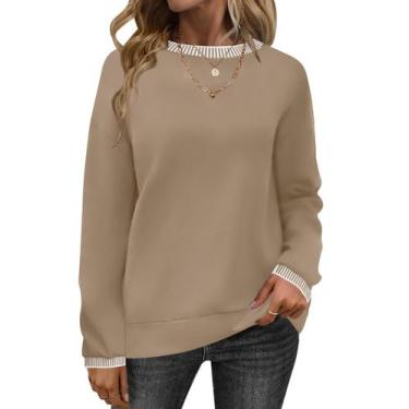 Imagem de Moletom com capuz e moletom AKEWEI femininos com gola redonda cáqui ta