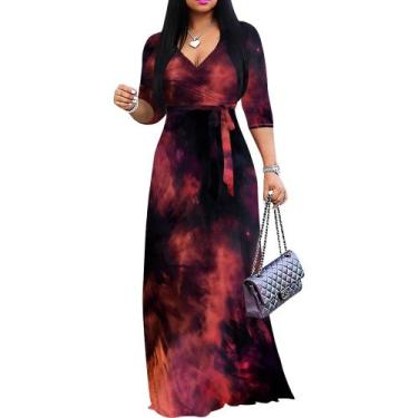 Imagem de Vestido maxi PinkPatty Floral com decote em V, mangas 3/4 com cinto fe