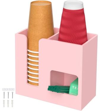 Imagem de Kucle Organizador de estação de café de 2 camadas para bancada, 3 compartimentos de acrílico rosa para copo e tampa de armazenamento de condimentos de chá, organizador de café vertical, dispensador de