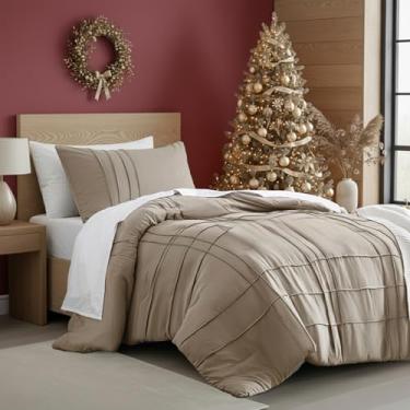 Imagem de Conjunto de edredom solteiro com pregas de beliscar – jogo de cama de 2 peças com padrão quadriculado – microfibra pré-lavada, leve e fofo, tamanho solteiro cáqui, aquecimento para todas as estações