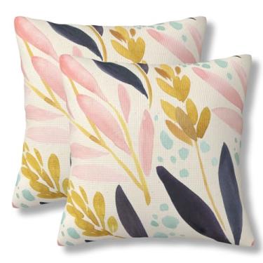 Imagem de ZYNTIRAX Capas de almofada floral em aquarela rosa marinho amarelo floral arte rústica conjunto de 20 x 20 polegadas conjunto de 2 fronhas vintage boho flores quadradas capas de almofada para