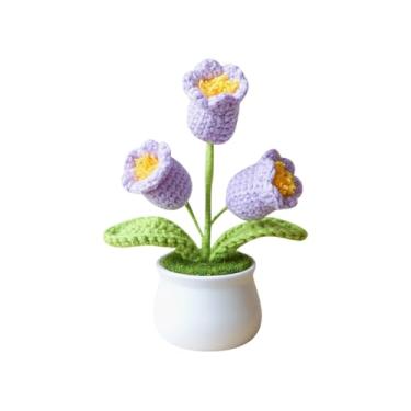 Imagem de Flores artificiais de orquídea de sino feito à mão flor de crochê em vaso de crochê linda flor tricotada flor tecida à mão carro planta de crochê decorativa flor de tricô para decoração roxa