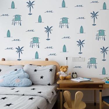 Imagem de Decalques de parede para prancha de surfe da cidade da praia, decoração temática de praia de verão, decalque de palmeira ondulado, para sala de estar, quarto, berçário, decoração de parede (Cidade da