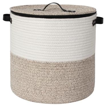 Imagem de WILLITAT Cesta de armazenamento com tampa, cobertor de tecido redondo de 33 cm x 38 cm para sala de estar, cesto decorativo de corda de algodão com zíper, cesta de vime com tampa, cesto de brinquedo