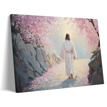 Imagem de SAMHOU Arte de parede em tela emoldurada de Jesus, pintura cristã, imagem de decoração de parede, Jesus caminha sob árvores de cerejeira rosa impressão de pôster para sala de estar e oração igreja