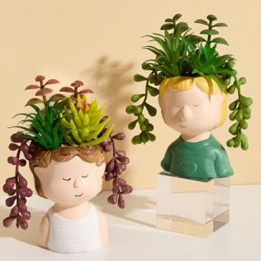 Imagem de Amore Florals 2 peças de suculentas artificiais com vasos criativos em forma de humano, suculentas falsas fofas, suculentas falsas em vasos, decoração de mesa para mesa de centro e prateleira de