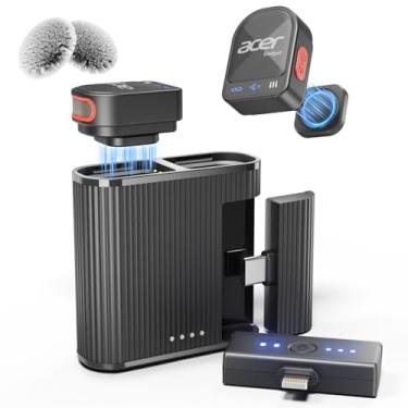 Imagem de acer Microfone de lapela sem fio para iPhone/Android/PC/laptop, mini clipe portátil com microfone Lightning + plugue USB C, 48 kHz 24 bits, cancelamento de ruído, bateria 24H para gravação de vídeo