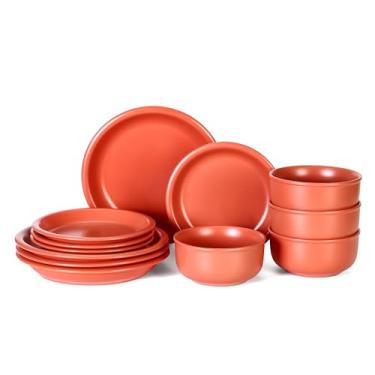Imagem de GZG Série Vintage – Conjunto de louça de cerâmica para 4, 12 peças, conjunto de pratos e tigelas de grés, sem chumbo, conjunto de pratos artesanais, seguro para micro-ondas e lava-louças - vermelho
