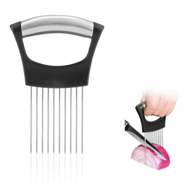 Imagem de 1 suporte de cebola para fatiar, suporte de fatiador de cebola de aço inoxidável atualizado com alça ergonômica, cortador de tomate, ferramenta de fatiar vegetais, amaciador de carne, gadget de corte