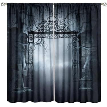 Imagem de Cortina gótica, vista noturna enevoada, terror, decoração de casa, quarto, sala de estar, bolso para varão, tratamento de janela, conjunto de 2 painéis, tamanho total 106,7 cm L x 114,3 cm C