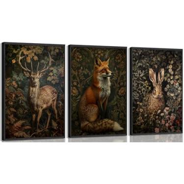 Imagem de 3 peças de arte de parede de animais da floresta mágicos Dark Academy Wildlife Painting Picture Wall Decor Moody Flowers Style Poster Print Art para sala de estar quarto decoração de casa 30 x 40 cm