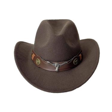 Imagem de Chapéu de caubói, feltro marrom com cabeça de touro, cinto de couro, unissex