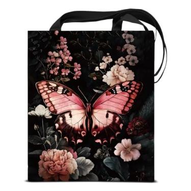 Imagem de KSFFWQIN Bolsa feminina de lona gótica com estampa de borboleta floral rosa bruxa borboleta escura academia reutilizável mercearia bolsa de ombro para compras, trabalho, academia, estética