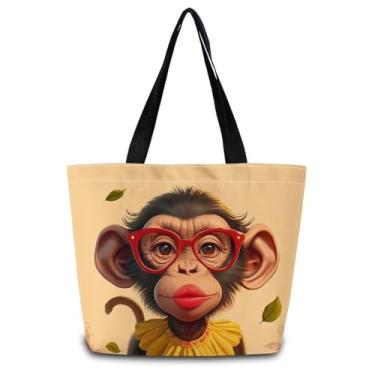 Imagem de ZhuVantrix Bolsa divertida de macaco reutilizável, bolsa de ombro de compras estética com bolso interno com zíper elegante, presente de macaco engraçado para mulheres