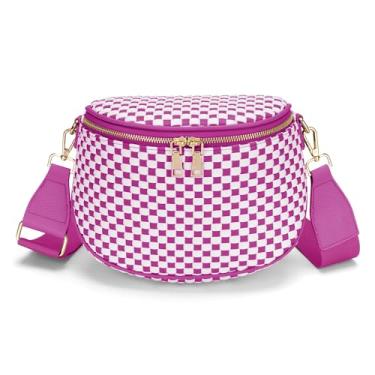 Imagem de FODOKO Bolsa tiracolo de tecido para mulheres de couro vegano, bolsa quadriculada com cinto, bolsas de ombro, Tecido xadrez rosa branco, Couro vegano tecido