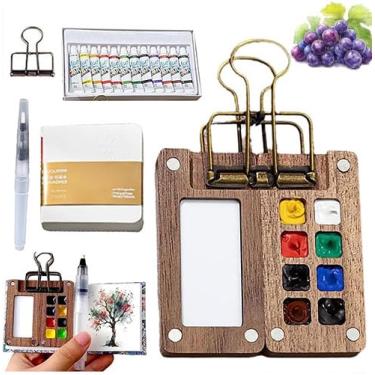 Imagem de Kit de aquarela Tobios, mini conjunto de aquarela Tobio com livro de imagens, conjunto de viagem de aquarela, com cores, caixa de tinta de madeira para pintores artistas estudantes (15 grades)