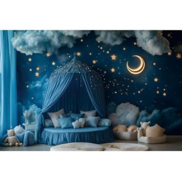 Imagem de YongFoto Fundo de lua estrelas, céu nuvens, 2,1 x 1,5 m, fundo azul para quarto de princesa, celebração de lua cheia, chá de bebê, cerimônia, festa de aniversário de um mês, faixa de berçário