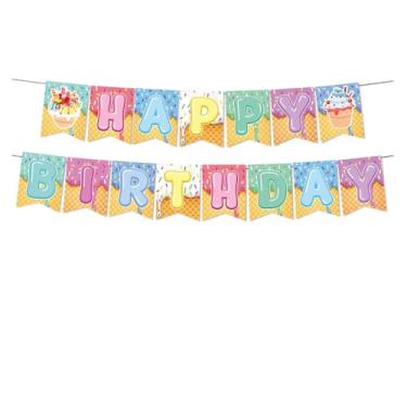 Imagem de Faixa de feliz aniversário de sorvete, decoração de festa com tema de sorvete de verão, suprimentos para meninas e meninos, bandeiras reutilizáveis de cupcake de celebração, placa de fundo de