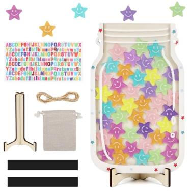 Imagem de Frasco magnético de recompensa personalizado, frasco de rostos de sorriso de estrelas com adesivos de letras coloridas, suprimentos de prêmios escolares e incentivos para professores, materiais de